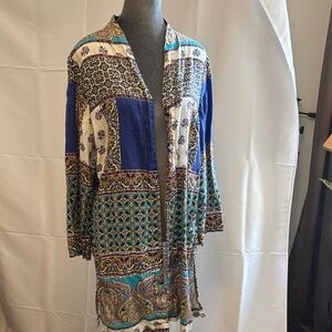 Chico's Vibrant Blue and Green Patterned Cardigan